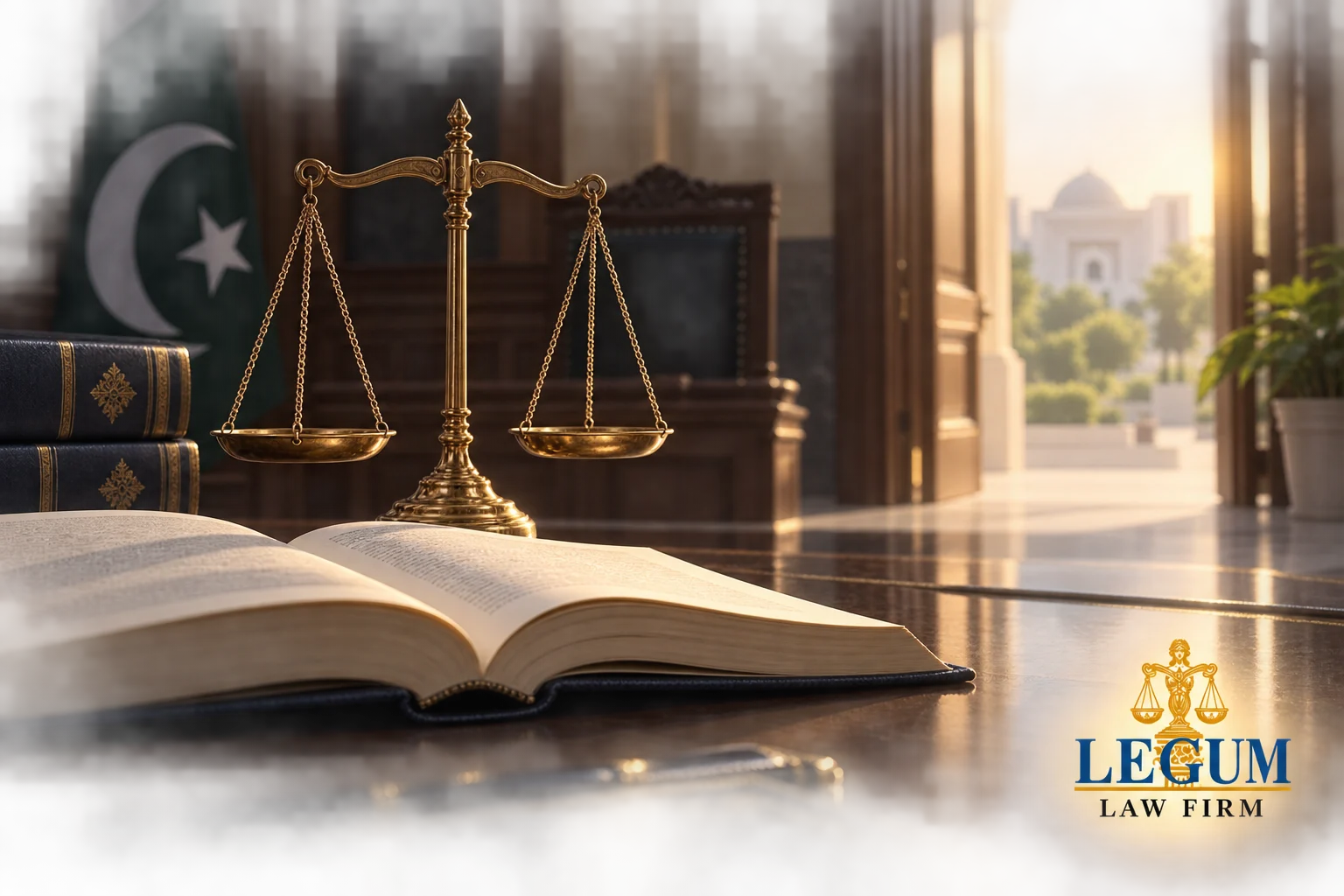 پاکستانی عدالت میں کھلی قانون کی کتاب کے پاس انصاف کا ترازو۔