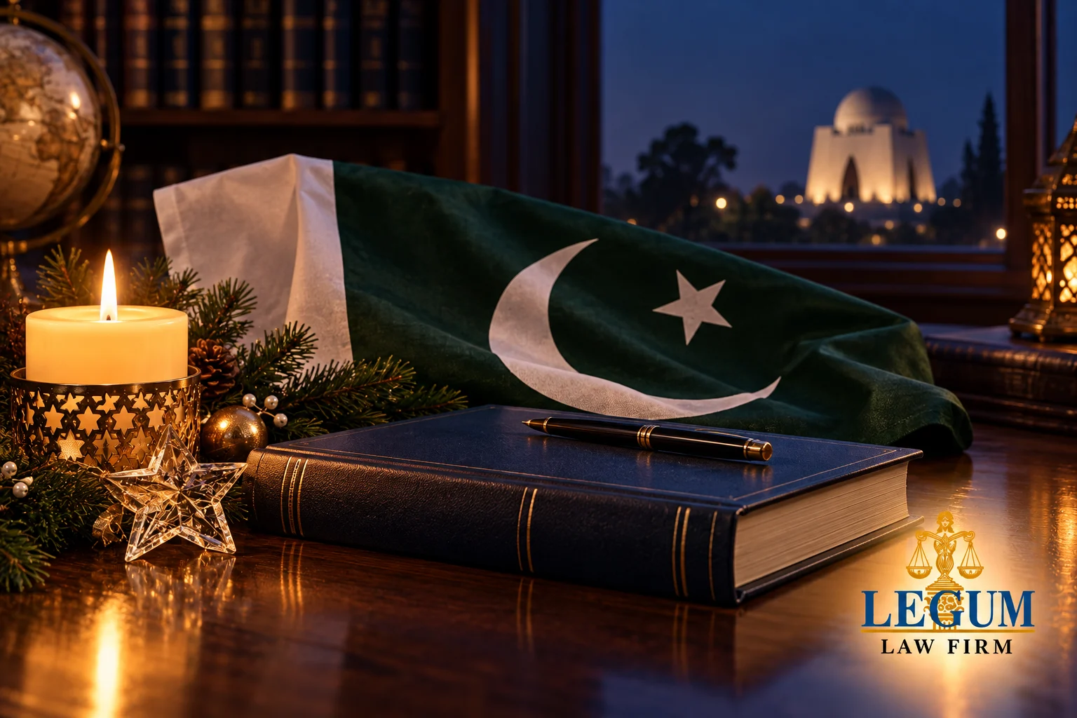 کرسمس کی شمع اور ستارہ، پاکستان کا پرچم اور قانون کی کتاب؛ کھڑکی کے پار مزارِ قائد۔
