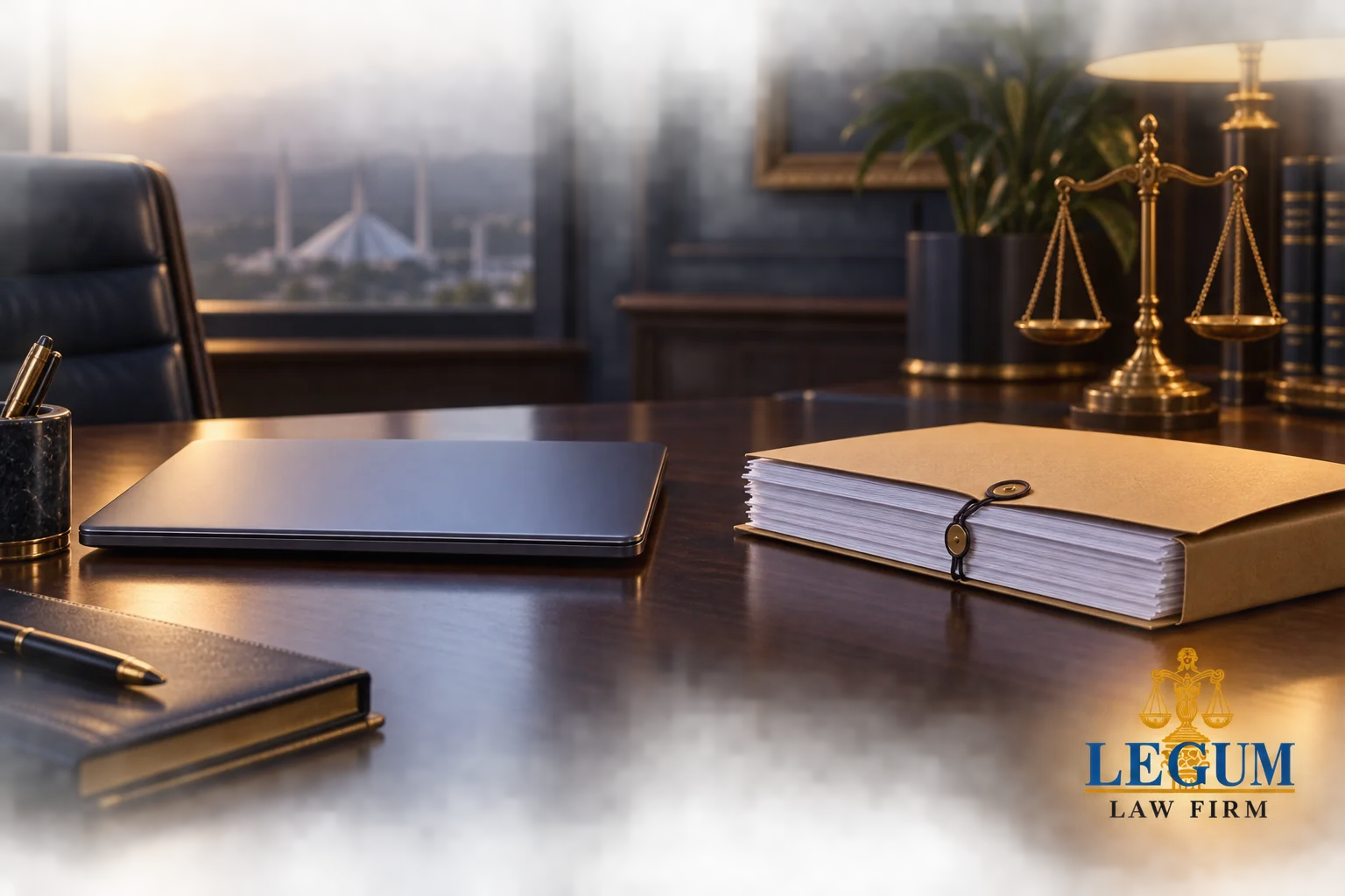 قانونی دفتر کی میز پر بند لیپ ٹاپ اور کاغذی فائل۔