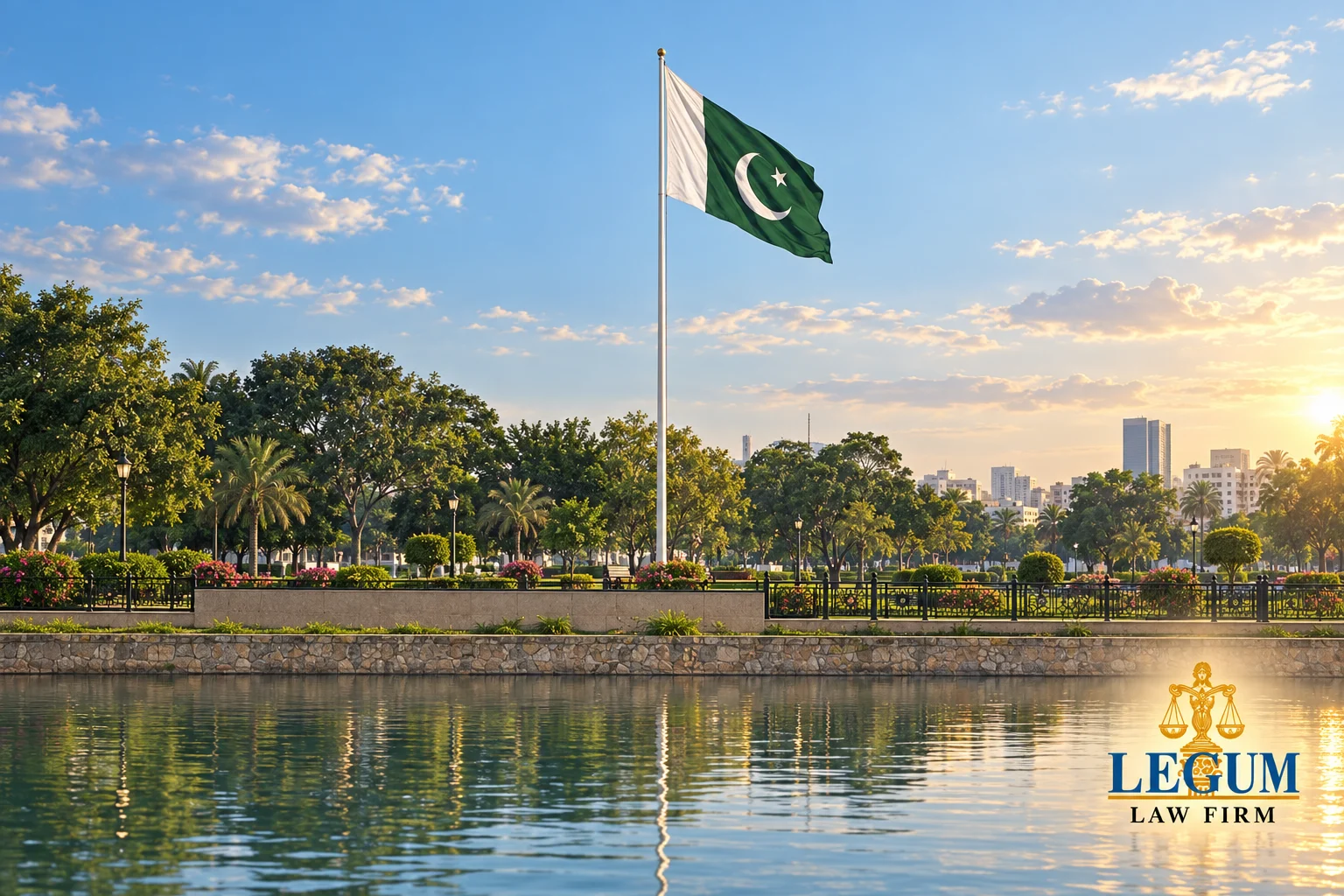 آراستہ باغ اور پانی کے عکس کے اوپر پاکستان کا قومی پرچم، لیگم لاء فرم کے لوگو کے ساتھ