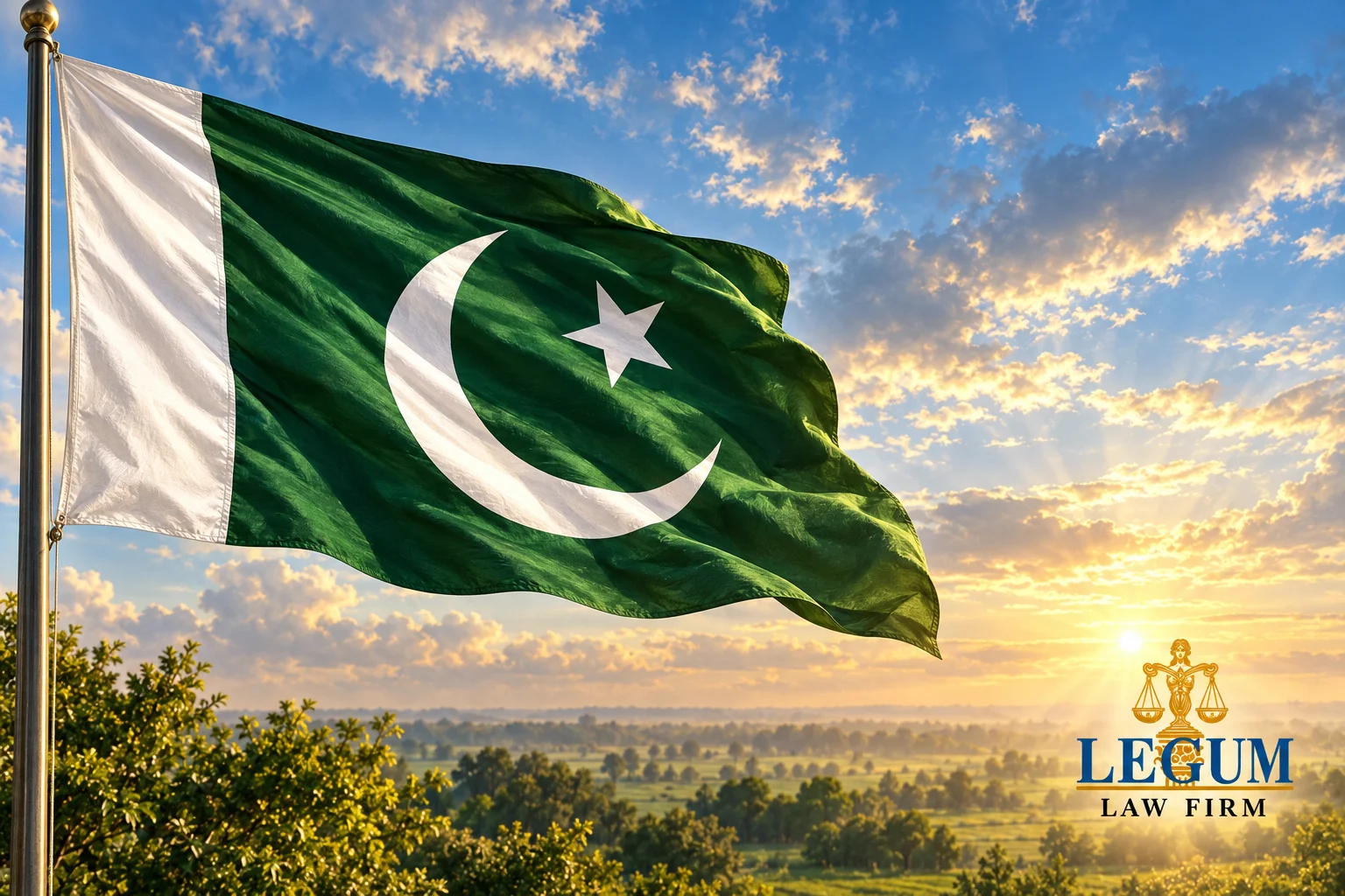روشن آسمان تلے کھیتوں کے اوپر پاکستان کا سبز اور سفید پرچم لہرا رہا ہے۔