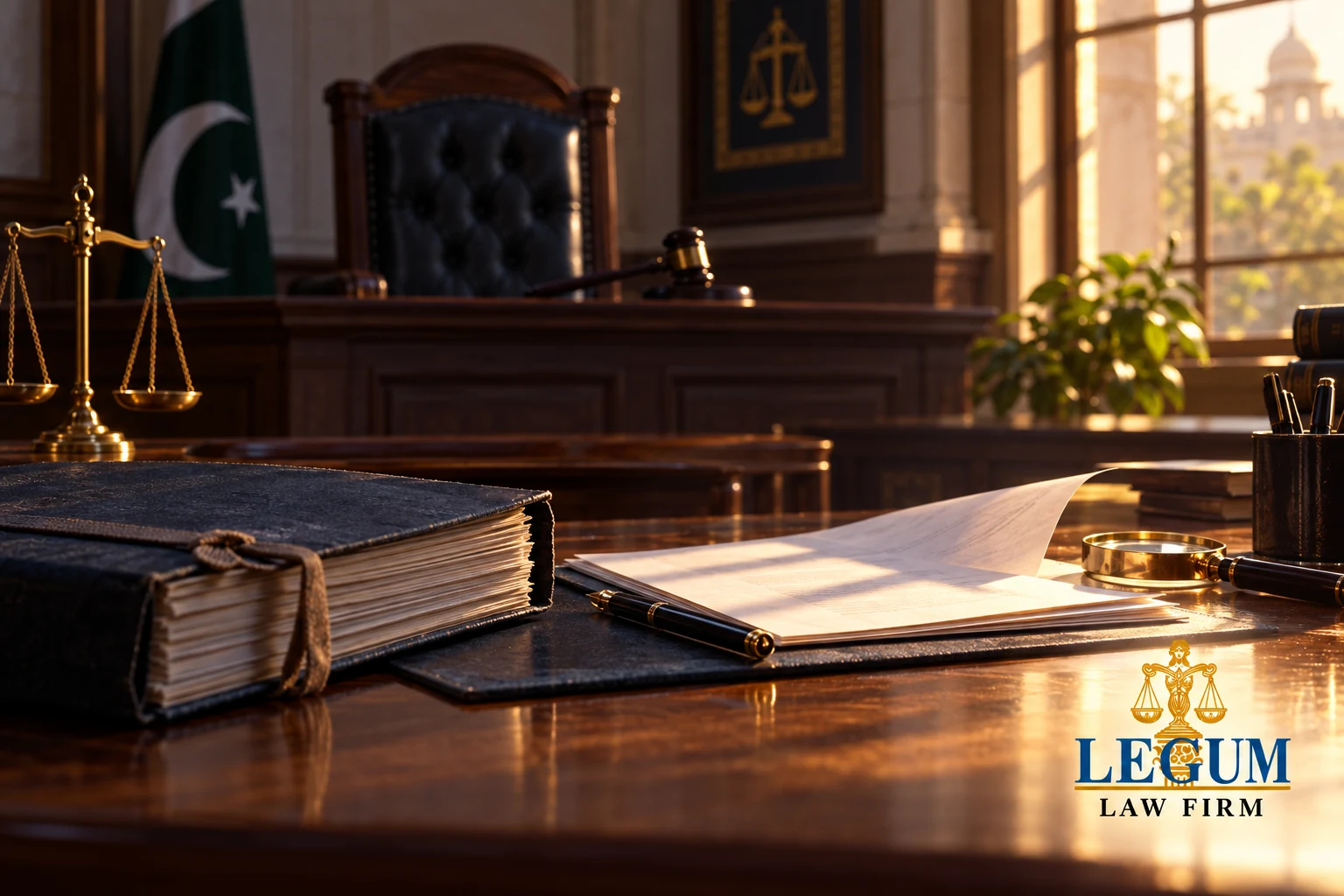 پاکستانی عدالت میں مقدمے کی فائل اور زیرِ جائزہ دستاویزات؛ نیچے دائیں جانب لیگم لاء فرم کا لوگو ہے۔