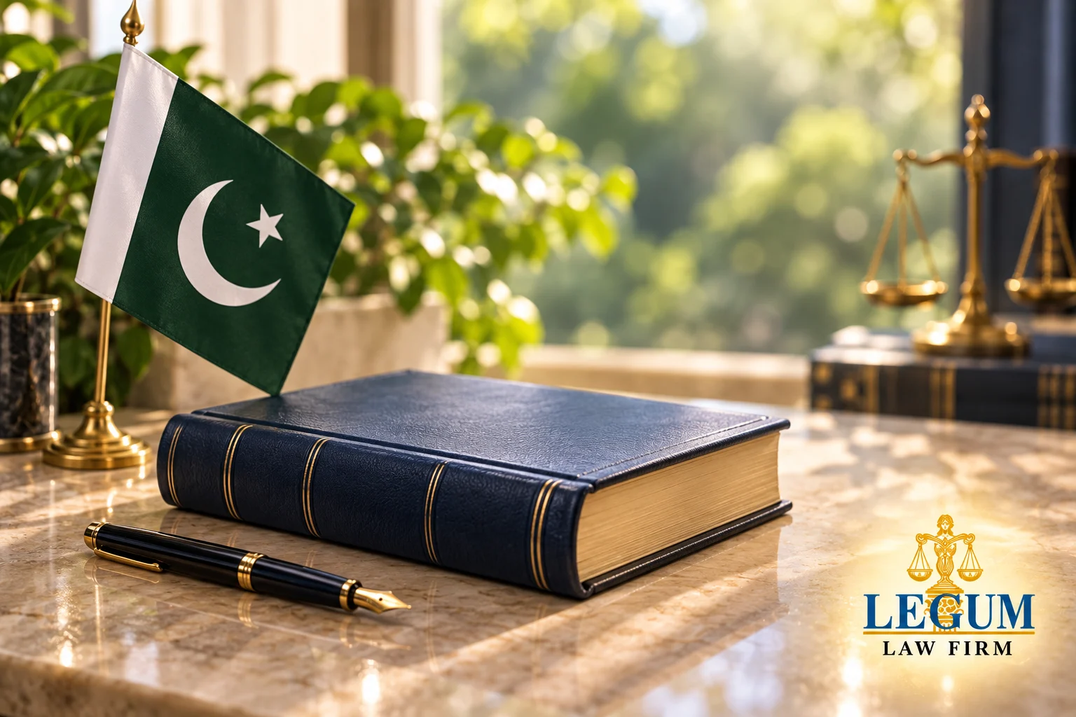 پاکستان کا پرچم، قانون کی بند کتاب اور فاؤنٹین پین؛ پس منظر میں انصاف کا ترازو۔