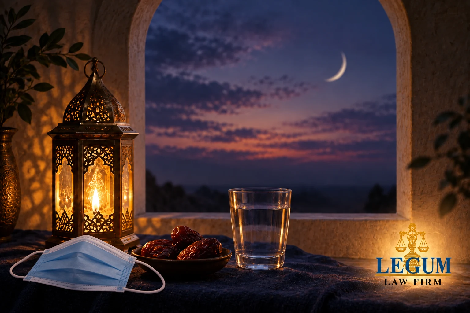 رمضان کا منظر جس میں 2020 کی صحتِ عامہ کی احتیاطی تدابیر کی یاد دلاتا طبی ماسک اور لیگم لاء فرم کی شناخت شامل ہیں۔