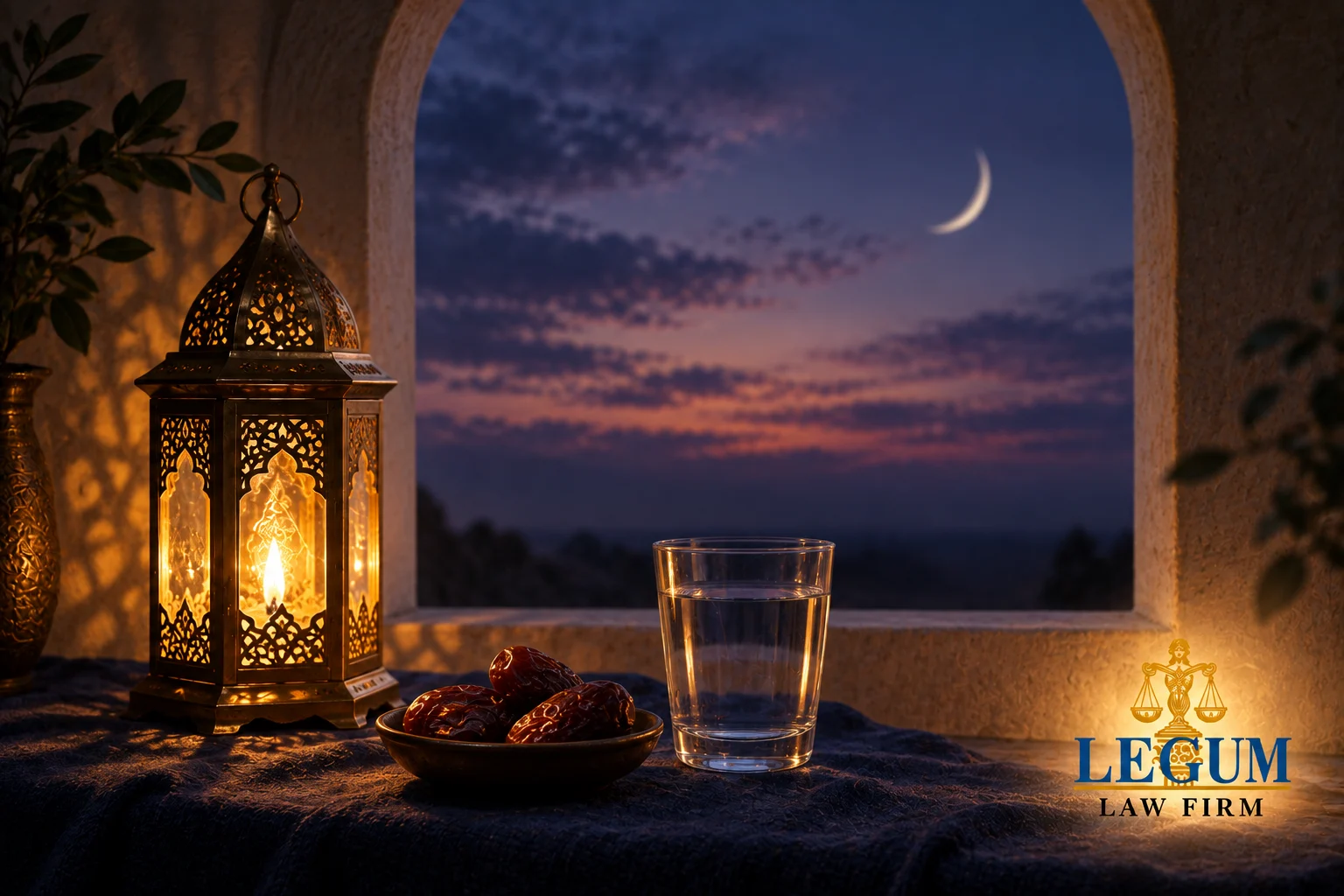 محرابی کھڑکی اور ہلال کے سامنے روشن لالٹین، کھجوریں اور پانی کا گلاس۔