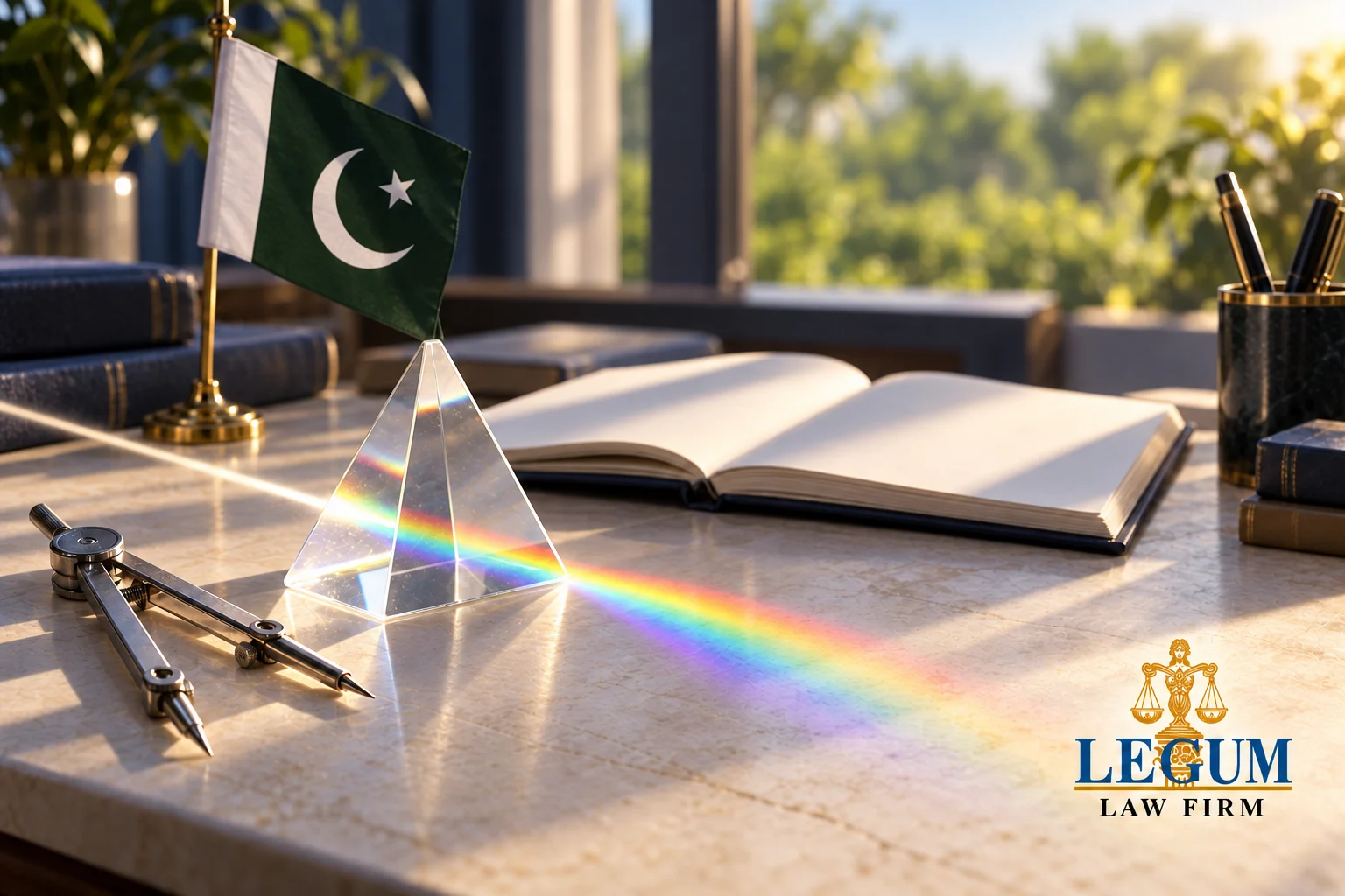 شیشے کے منشور سے رنگوں کی پٹی، ساتھ پرکار، خالی نوٹ بک اور پاکستان کا پرچم۔