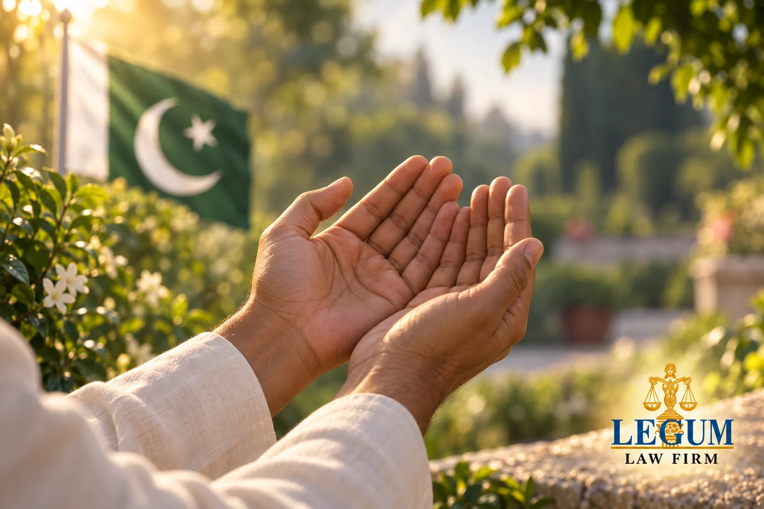دعا کے لیے اٹھے ہوئے ہاتھ اور دھوپ سے روشن باغ میں پاکستان کا پرچم۔