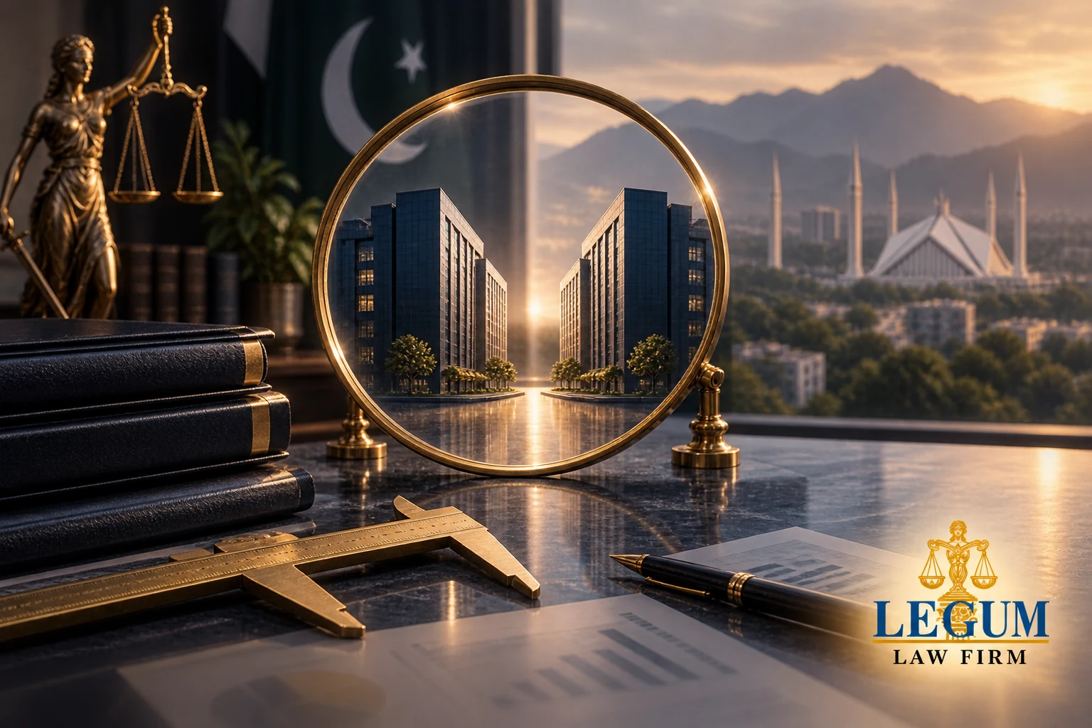 ممکنہ انضمام کے لیے آمنے سامنے دو تجارتی عمارتیں، جنہیں ضابطہ جاتی عدسے، پیمائشی پرکار اور ترازو سے جانچا جا رہا ہے۔